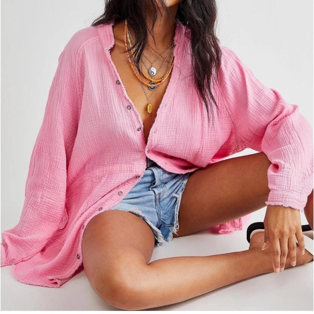 Free People Summer Daydream Buttondown Cotton Crinkle Gauze Tunic Top Pink